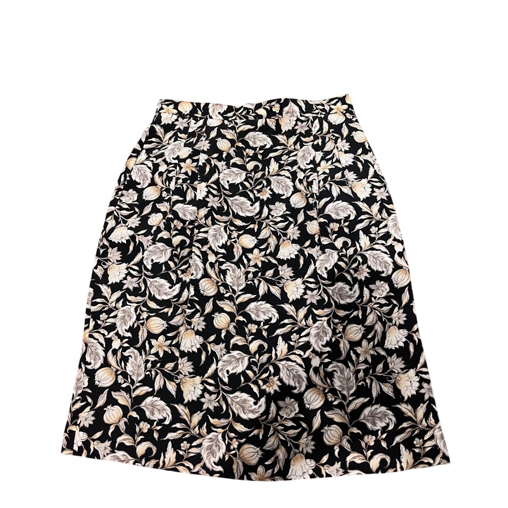 Talbots Vintage 100% Silk Floral‎ Midi Skirt Black Tan Botanical A-Line Size 8